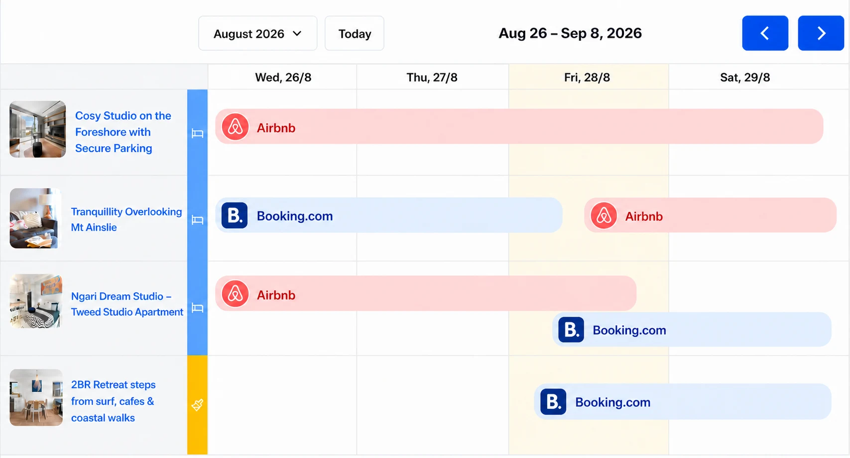 The Hostibly calendar showing Airbnb and Booking.com reservations synced across four listings